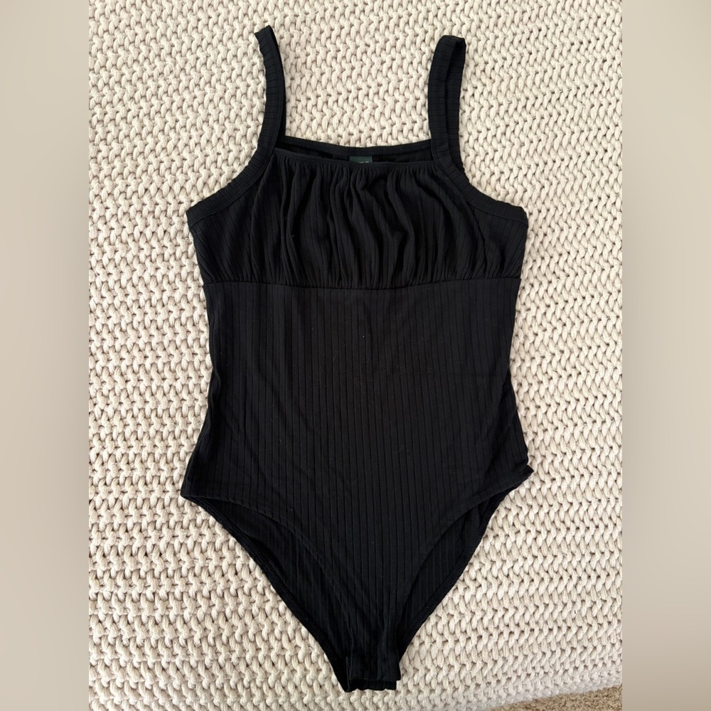 Wild Fable Ruched Ribbed Black Bodysuit